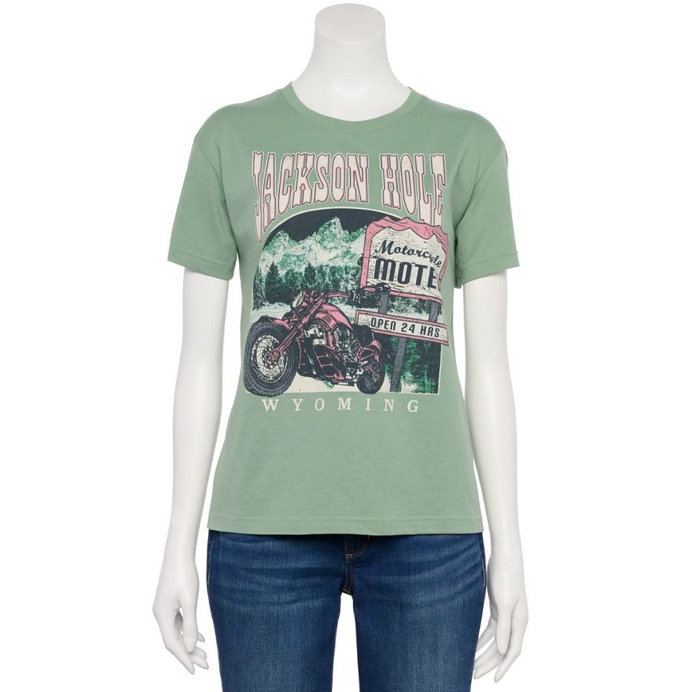 Juniors Jackson Hole, Wyoming Motorcycle Graphic Tee Mighty Fine New with Tags